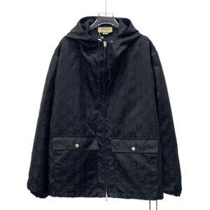 CM0496 Gucci Black GG Monogram Hooded Jacket With Front Pockets & Zip Closure
